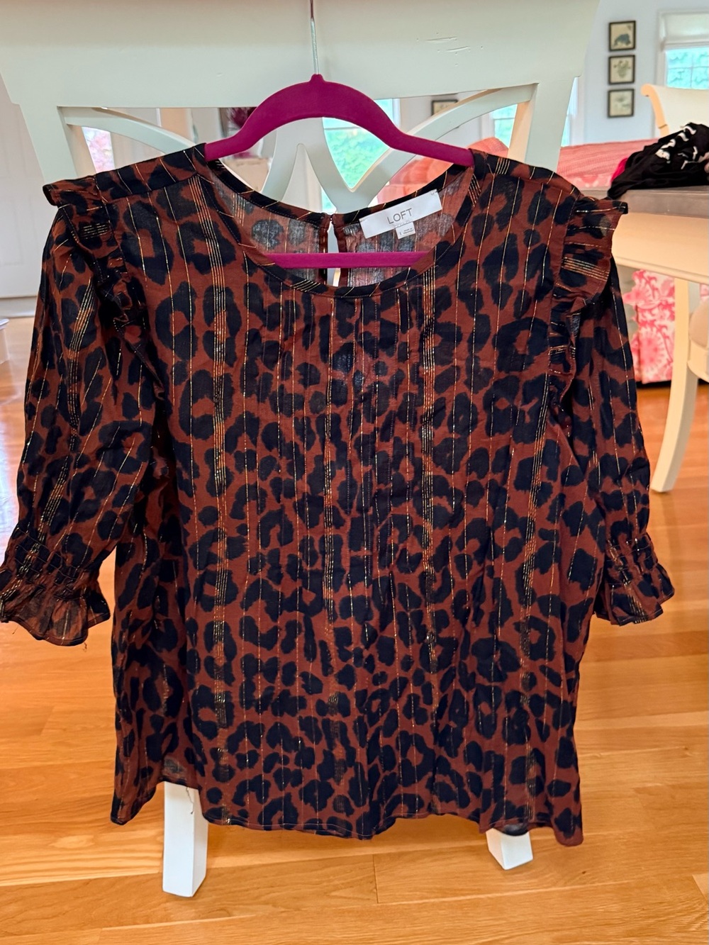 Loft Animal Print Brown Women's Short Sleeve Ruffle Blouse